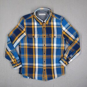 Outerknown Blanket Shirt Mens Medium Blue Gold Plaid Organic Cotton Flannel